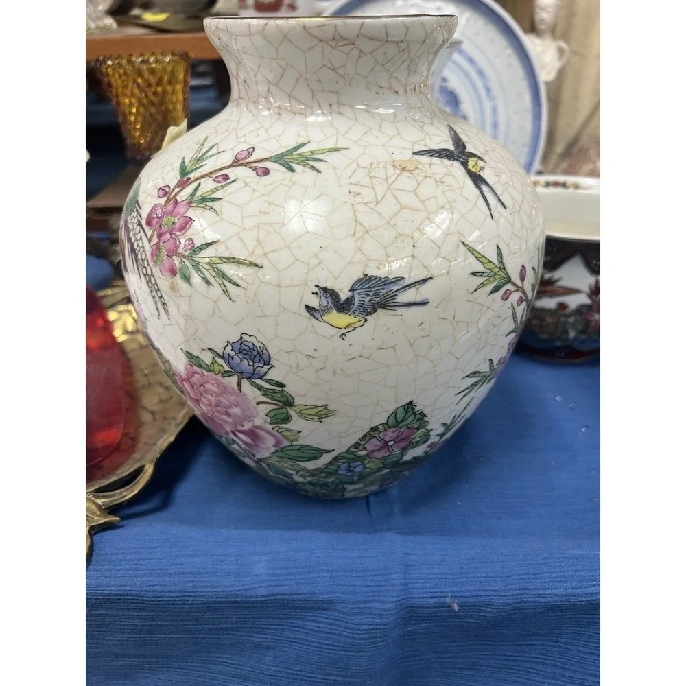 Ginger Jar Vase Floral Pheasant Design Crackled Glaze Porcelain 8.5